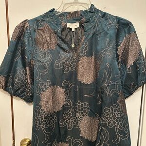 Entro Emerald and Mocha Brown Elegant Floral Blouse